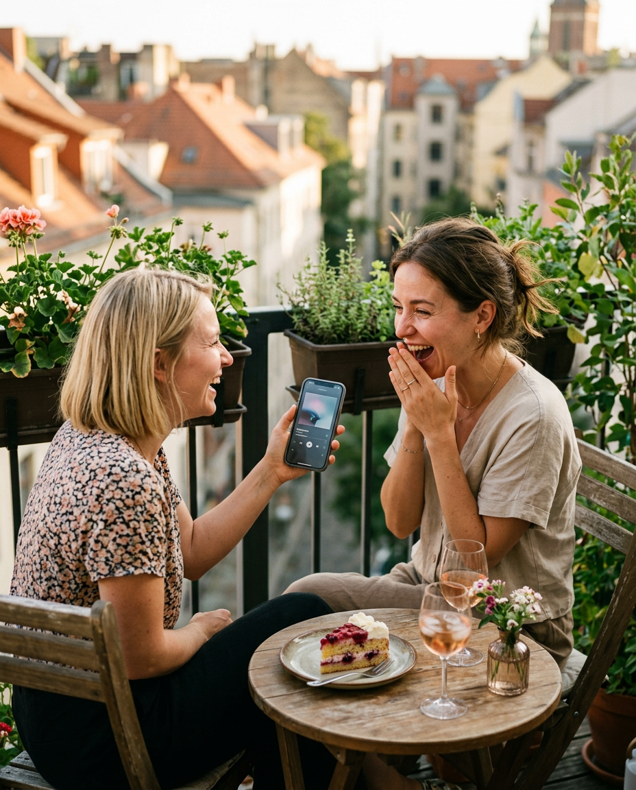 Two friends on a balcony, one laughing with her hands over her mouth as the other holds up a phone