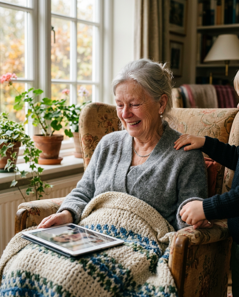 A grandmother under a knitted blanket smiling at a tablet while a grandchild rests a hand on her shoulder
