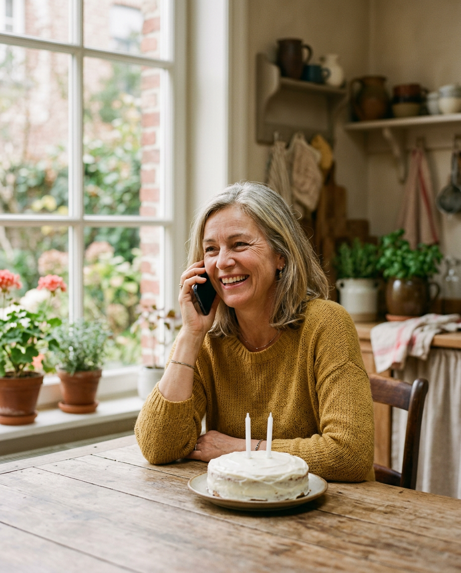 A woman laughing on the phone at her kitchen table, a small cake in front of her