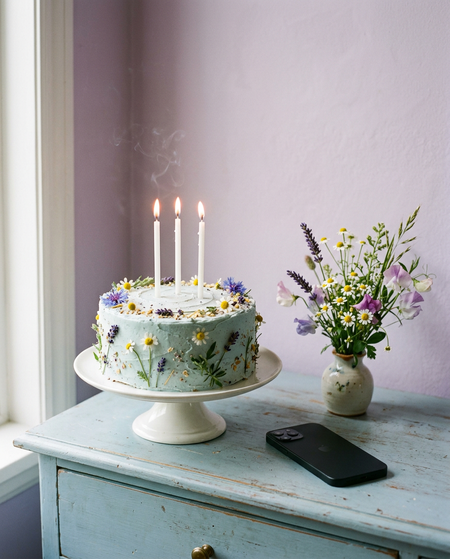 A pale blue birthday cake with three lit candles and pressed flowers on a cake stand, a phone and a small vase of wildflowers beside it