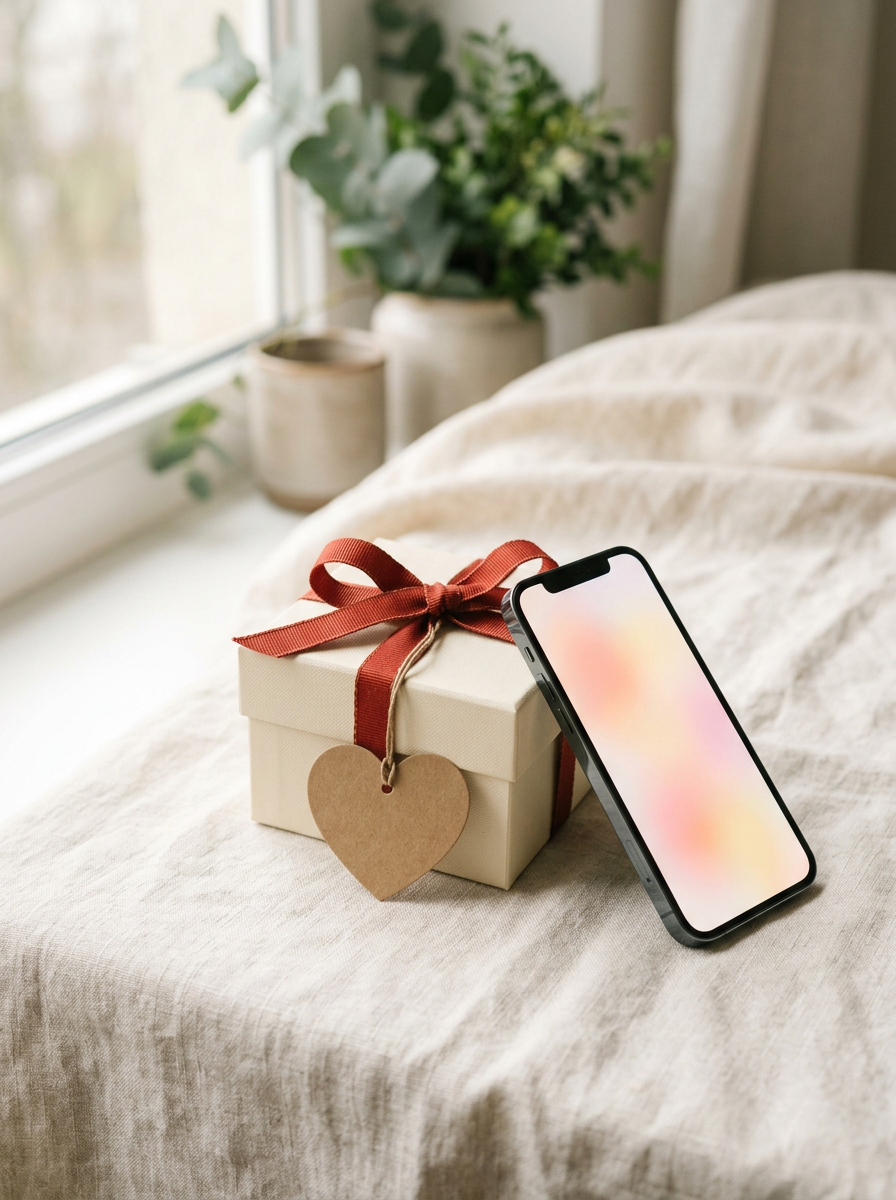 A small cream gift box with a red ribbon and a heart-shaped tag, a phone leaning against it, on linen by a window