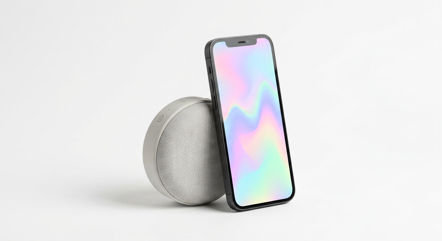 A phone leaning against a small fabric speaker